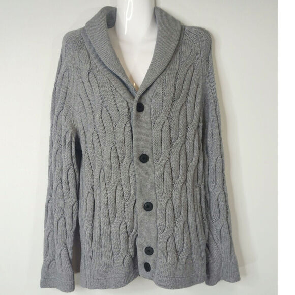 Theory Gray Merino Wool Cable Knit Shawl Knit Button Cardigan Sweater Women's M - Picture 1 of 10